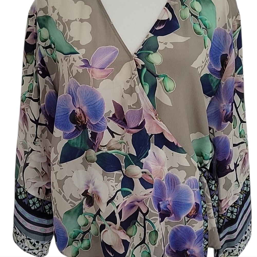 Hale Bob Orchid Print Silk Wrap Blouse Size XS - Picture 4 of 15
